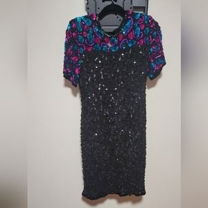 Vintage black silk with sequin dress size 12.